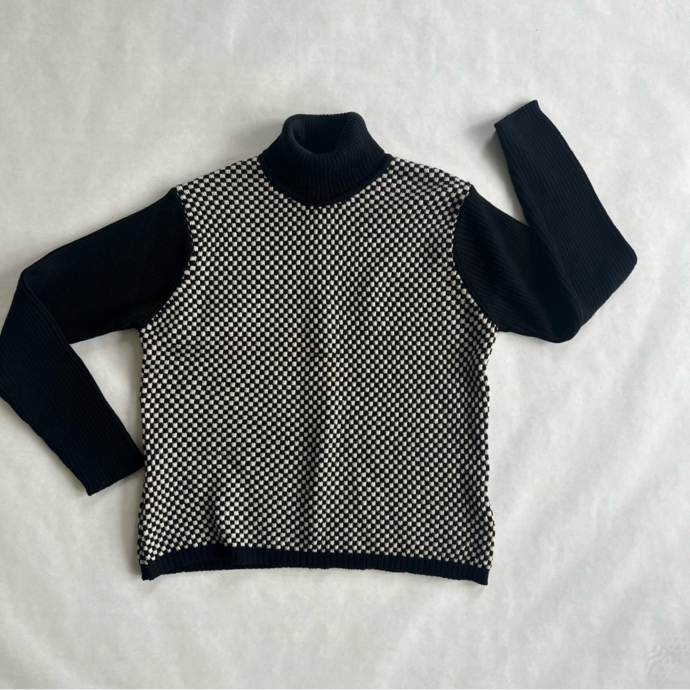Talbots Petites Black & White Checked Turtleneck Wool Sweater Size Medium